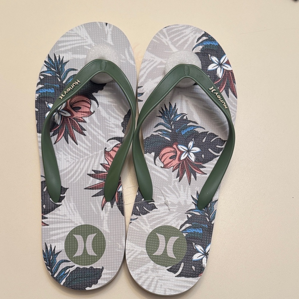 Hurley Tropical Print Flip Flops with Olive Straps